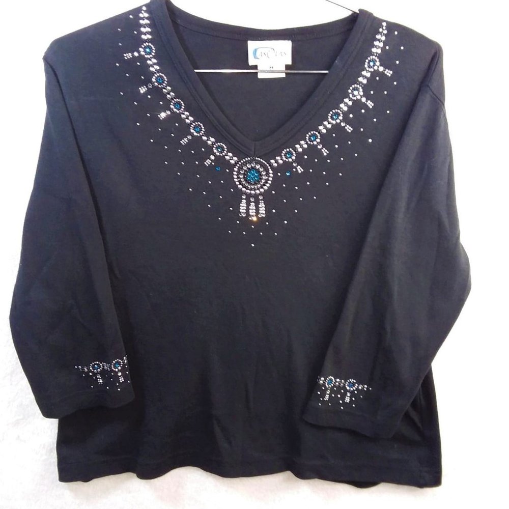 Pretty Rhinestone Trimmed Dream Catcher  V-Neck Bl